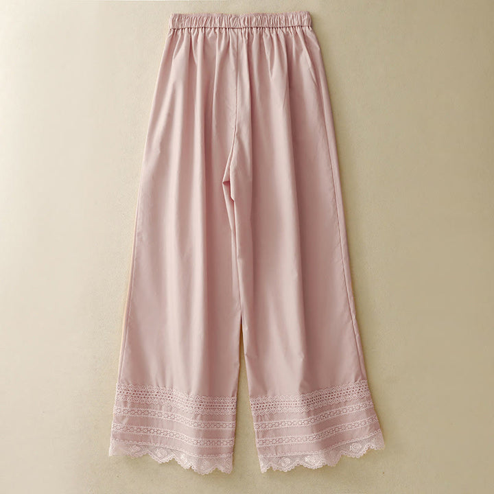 Buddha Stones通勤用 無地 レース パッチワーク ドローストリングデザイン レディース ワイドレッグ コットン アンクル丈 パンツ ポケット付き - image 1