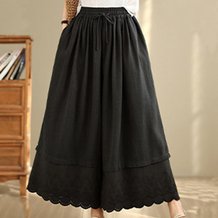 Buddha Stones春 刺繍 レース裾 パッチワーク ドローストリングデザイン レディース ワイドレッグ コットンパンツ ポケット付き - image 11