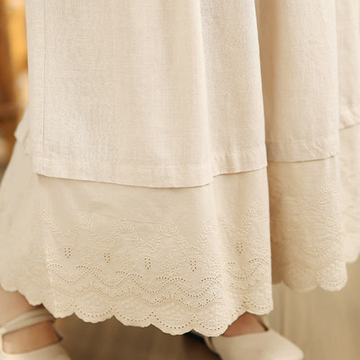 Buddha Stones春 刺繍 レース裾 パッチワーク ドローストリングデザイン レディース ワイドレッグ コットンパンツ ポケット付き - image 7