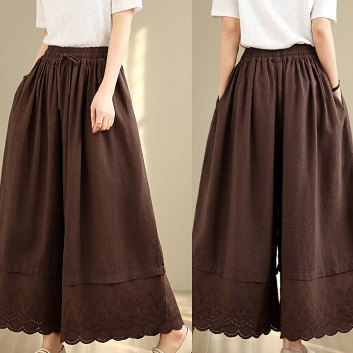 Buddha Stones春 刺繍 レース裾 パッチワーク ドローストリングデザイン レディース ワイドレッグ コットンパンツ ポケット付き - image 17