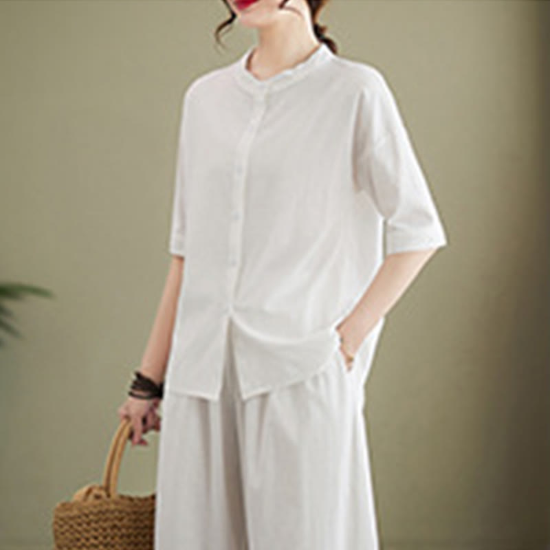 Buddha Stones 2点セット カジュアル 無地 ボタンデザイン 半袖シャツ ワイドレッグパンツ ポケット付き コットン 禅服 レディース セット - image 4