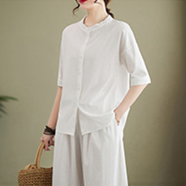 Buddha Stones 2点セット カジュアル 無地 ボタンデザイン 半袖シャツ ワイドレッグパンツ ポケット付き コットン 禅服 レディース セット - image 4