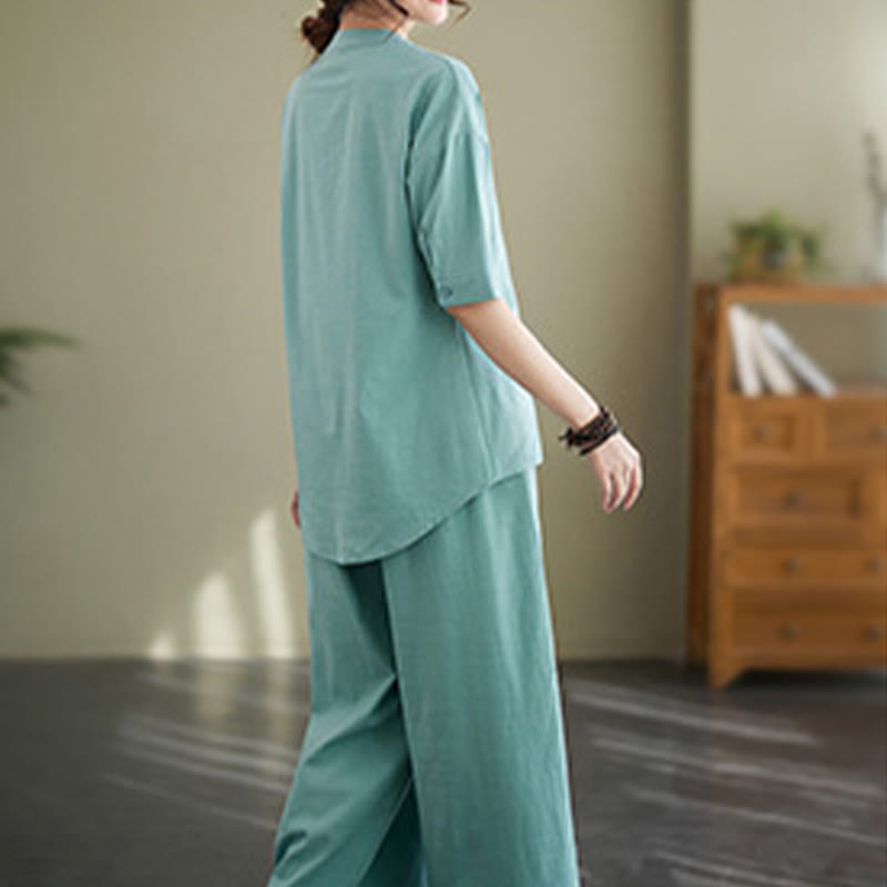 Buddha Stones 2点セット カジュアル 無地 ボタンデザイン 半袖シャツ ワイドレッグパンツ ポケット付き コットン 禅服 レディース セット - image 11