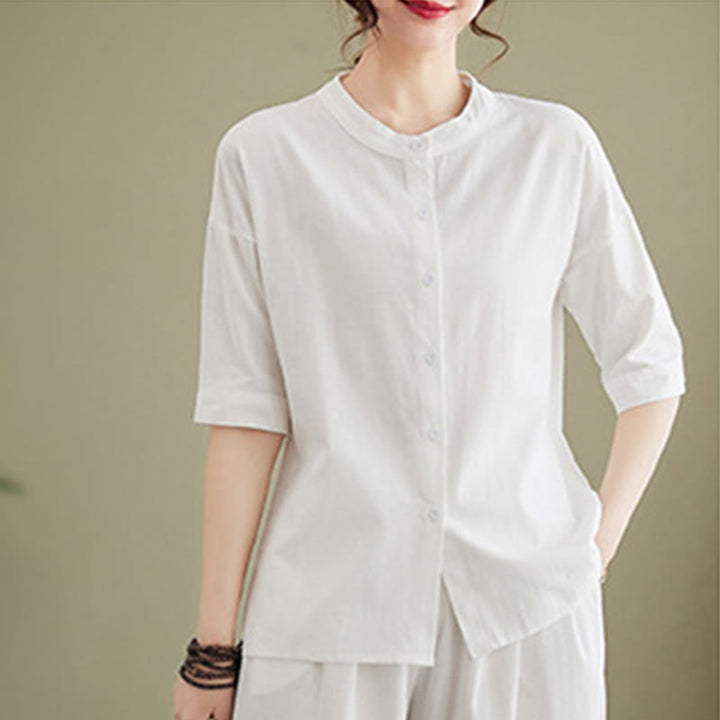 Buddha Stones 2点セット カジュアル 無地 ボタンデザイン 半袖シャツ ワイドレッグパンツ ポケット付き コットン 禅服 レディース セット - image 6