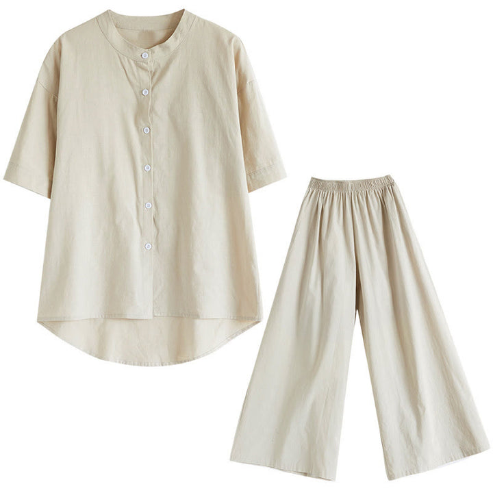 Buddha Stones 2点セット カジュアル 無地 ボタンデザイン 半袖シャツ ワイドレッグパンツ ポケット付き コットン 禅服 レディース セット - image 30