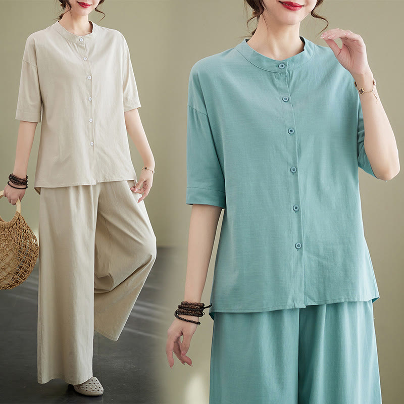 Buddha Stones 2点セット カジュアル 無地 ボタンデザイン 半袖シャツ ワイドレッグパンツ ポケット付き コットン 禅服 レディース セット - image 14