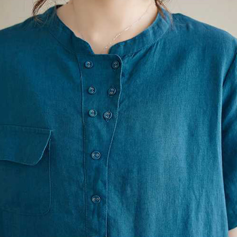 Buddha Stonesスタンドカラーボタンデザインリネン半袖ミディドレス（ポケット付き） - image 19