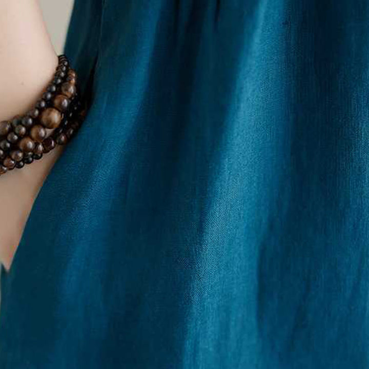 Buddha Stonesスタンドカラーボタンデザインリネン半袖ミディドレス（ポケット付き） - image 23