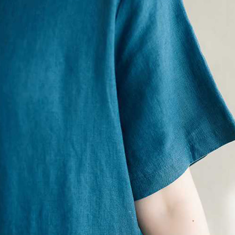 Buddha Stonesスタンドカラーボタンデザインリネン半袖ミディドレス（ポケット付き） - image 21