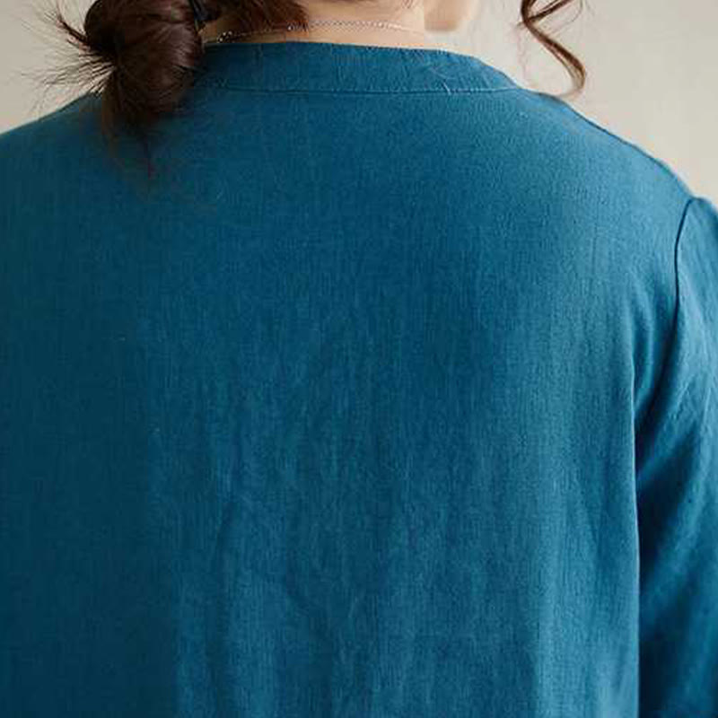 Buddha Stonesスタンドカラーボタンデザインリネン半袖ミディドレス（ポケット付き） - image 20