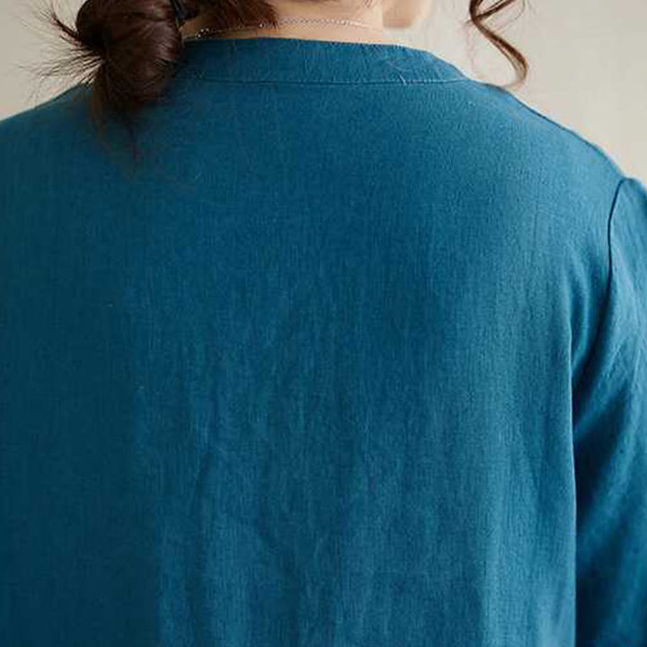 Buddha Stonesスタンドカラーボタンデザインリネン半袖ミディドレス（ポケット付き） - image 20