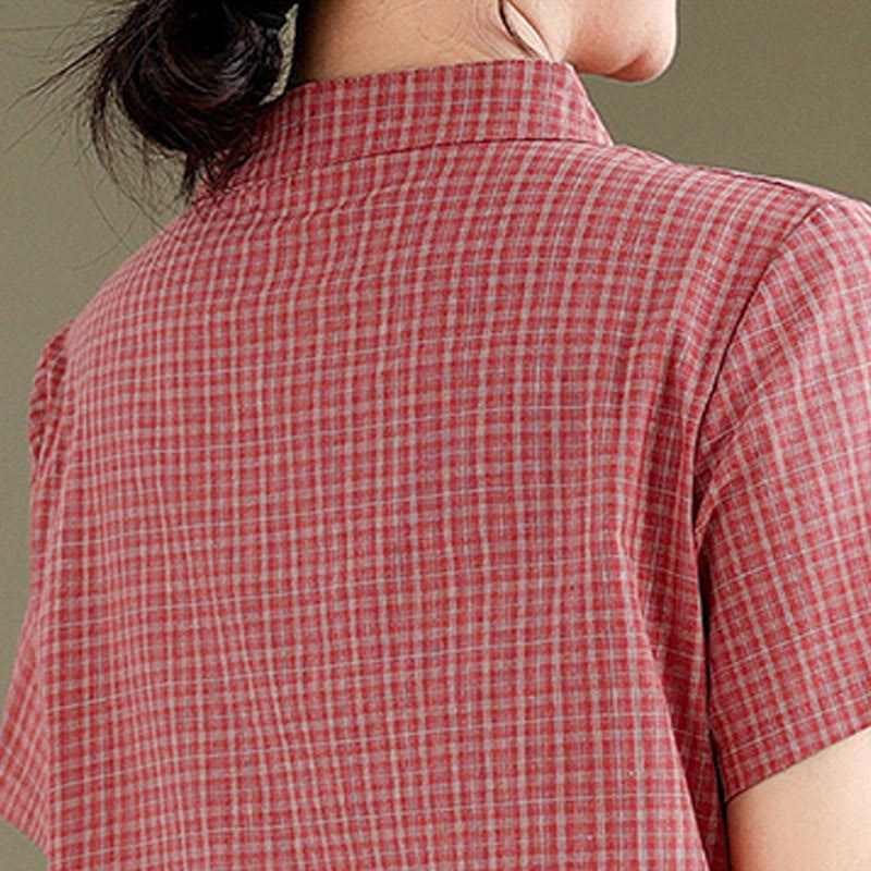 Buddha Stonesチェック柄半袖カエルボタンデザインコットンリネン改良チャイナドレス - image 5