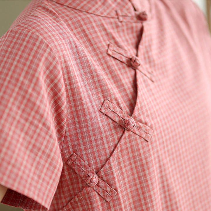 Buddha Stonesチェック柄半袖カエルボタンデザインコットンリネン改良チャイナドレス - image 6