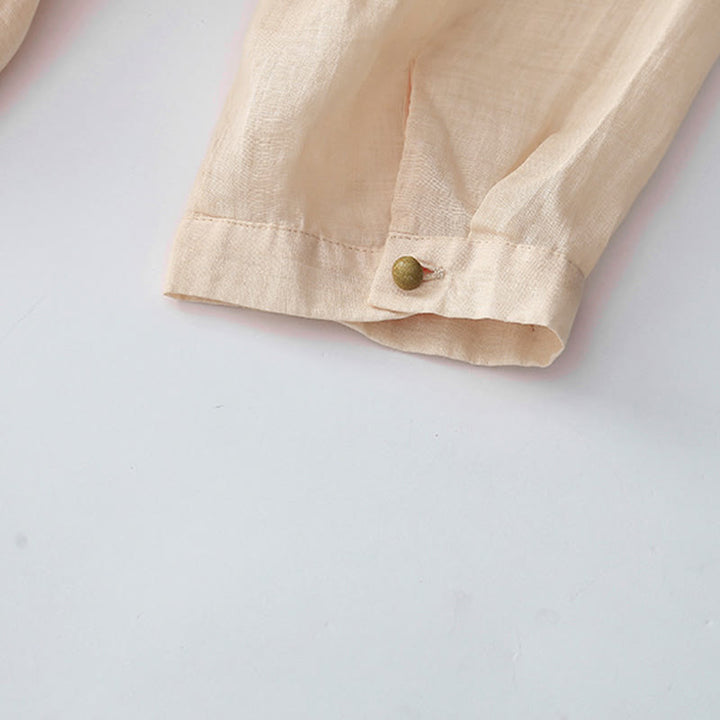 Buddha Stones刺繍ボタンデザイン ポケット付き長袖コットンリネンミディドレス - image 8