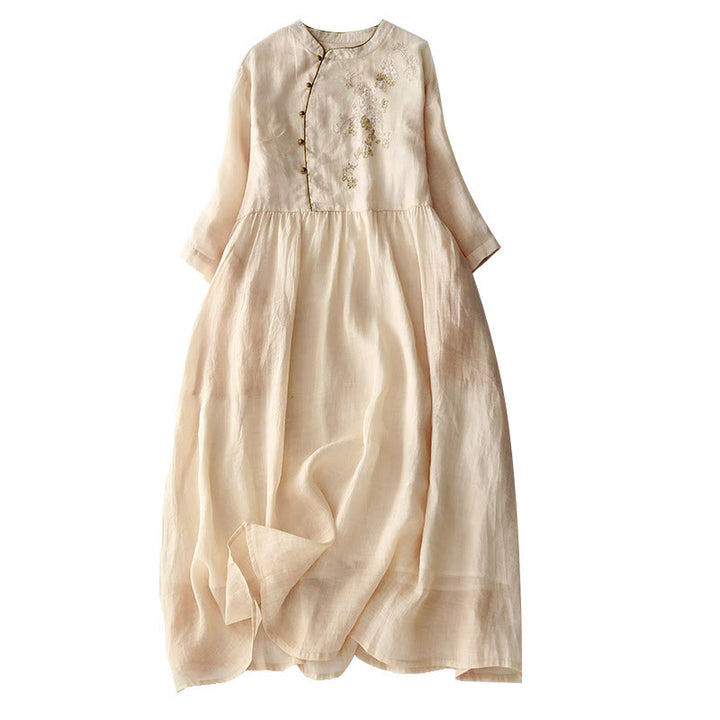 Buddha Stones刺繍ボタンデザイン ポケット付き長袖コットンリネンミディドレス - image 14