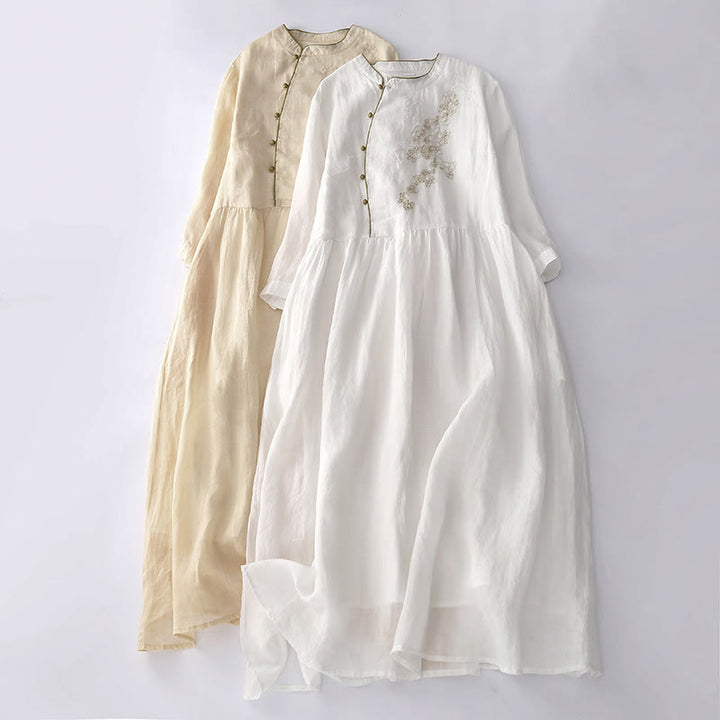 Buddha Stones刺繍ボタンデザイン ポケット付き長袖コットンリネンミディドレス - image 24