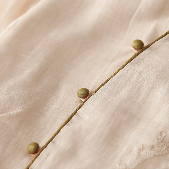 Buddha Stones刺繍ボタンデザイン ポケット付き長袖コットンリネンミディドレス - image 5