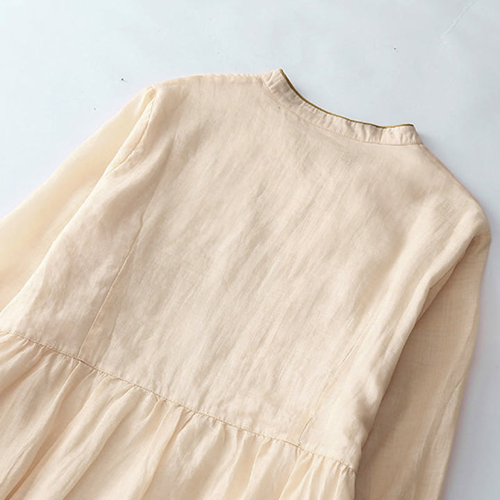 Buddha Stones刺繍ボタンデザイン ポケット付き長袖コットンリネンミディドレス - image 3