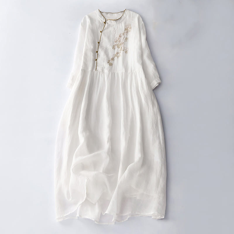 Buddha Stones刺繍ボタンデザイン ポケット付き長袖コットンリネンミディドレス - 白 - US8-10，UK/AU12-14，EU40-42 (2XL) - image 15