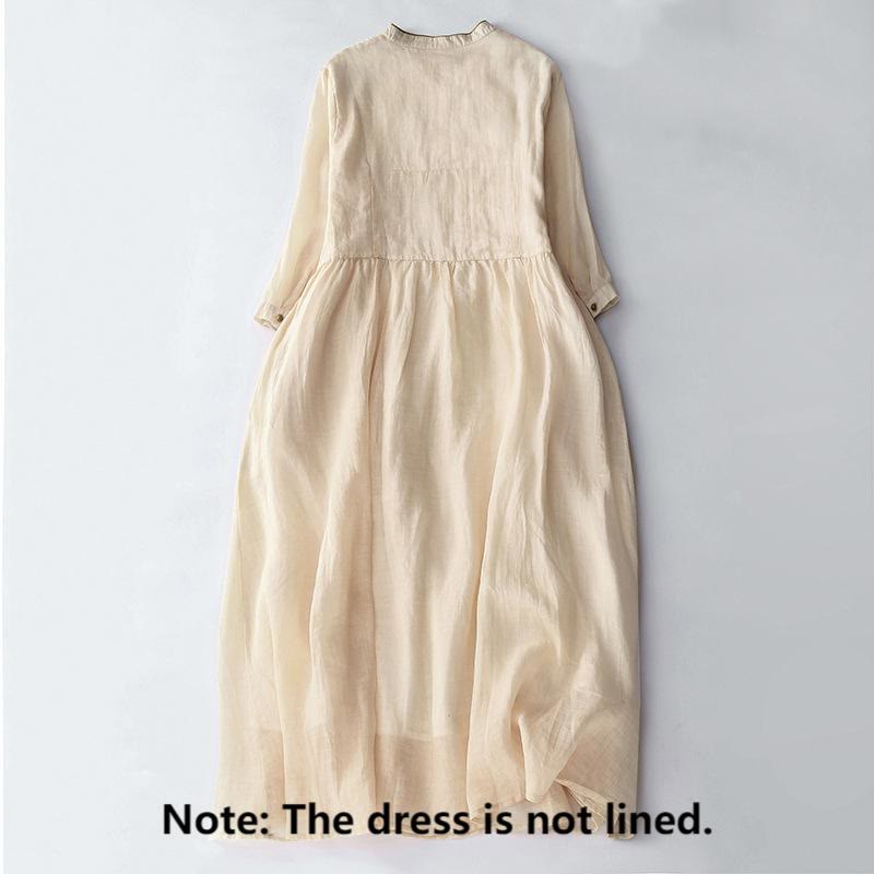 Buddha Stones刺繍ボタンデザイン ポケット付き長袖コットンリネンミディドレス - image 1