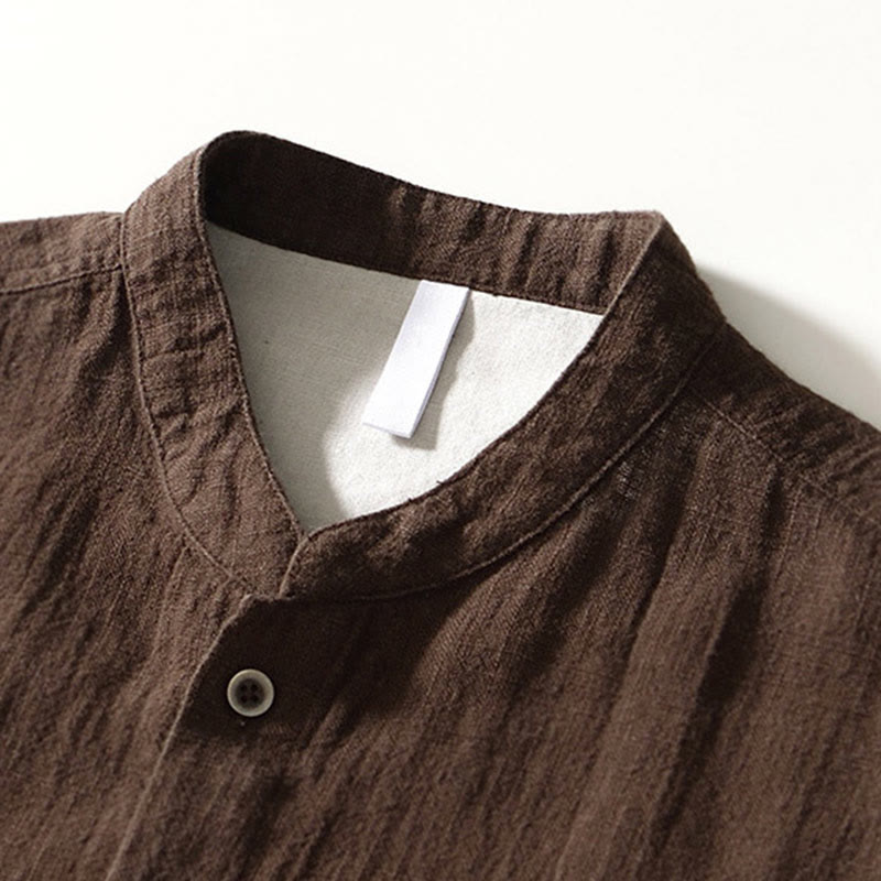 Buddha Stones無地 メンズ ボタン 長袖 コットンリネン シャツ ポケット付き - image 1