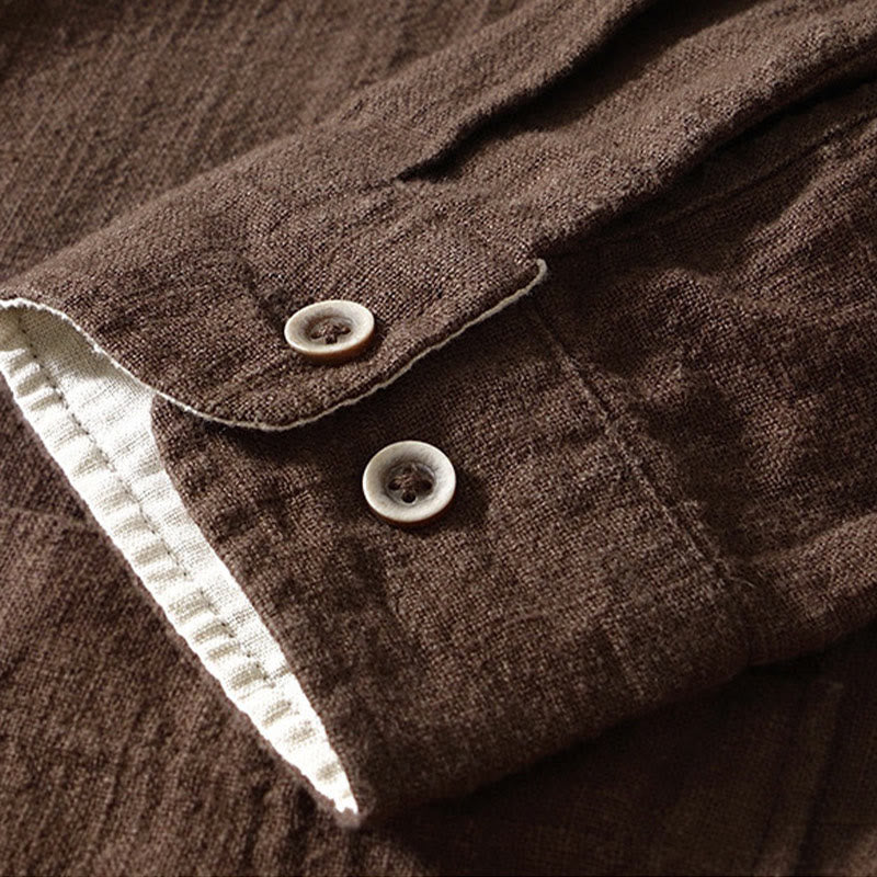 Buddha Stones無地 メンズ ボタン 長袖 コットンリネン シャツ ポケット付き - image 3