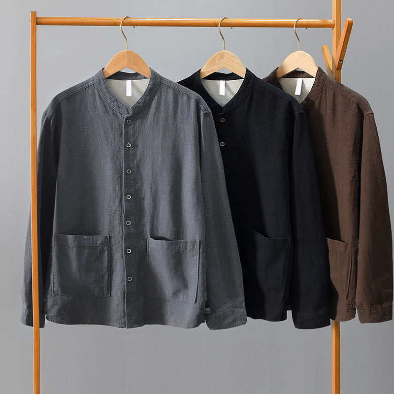 Buddha Stones無地 メンズ ボタン 長袖 コットンリネン シャツ ポケット付き - image 24