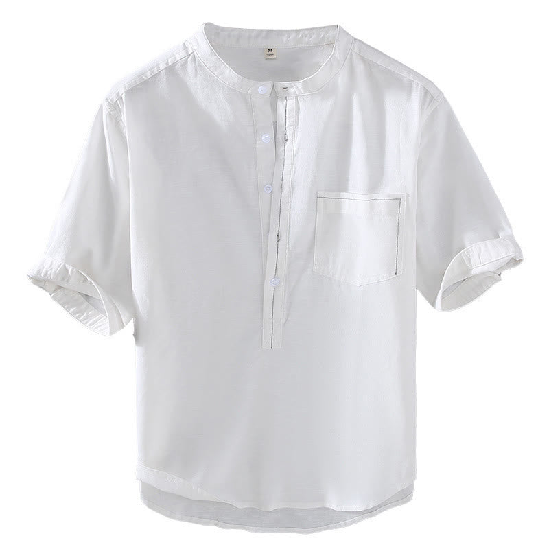 Buddha Stones春の純色ハーフボタンデザインスタンドカラーメンズ半袖リネンシャツポケット付き - image 13