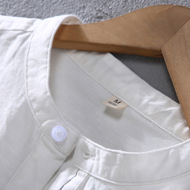Buddha Stones春の純色ハーフボタンデザインスタンドカラーメンズ半袖リネンシャツポケット付き - image 6