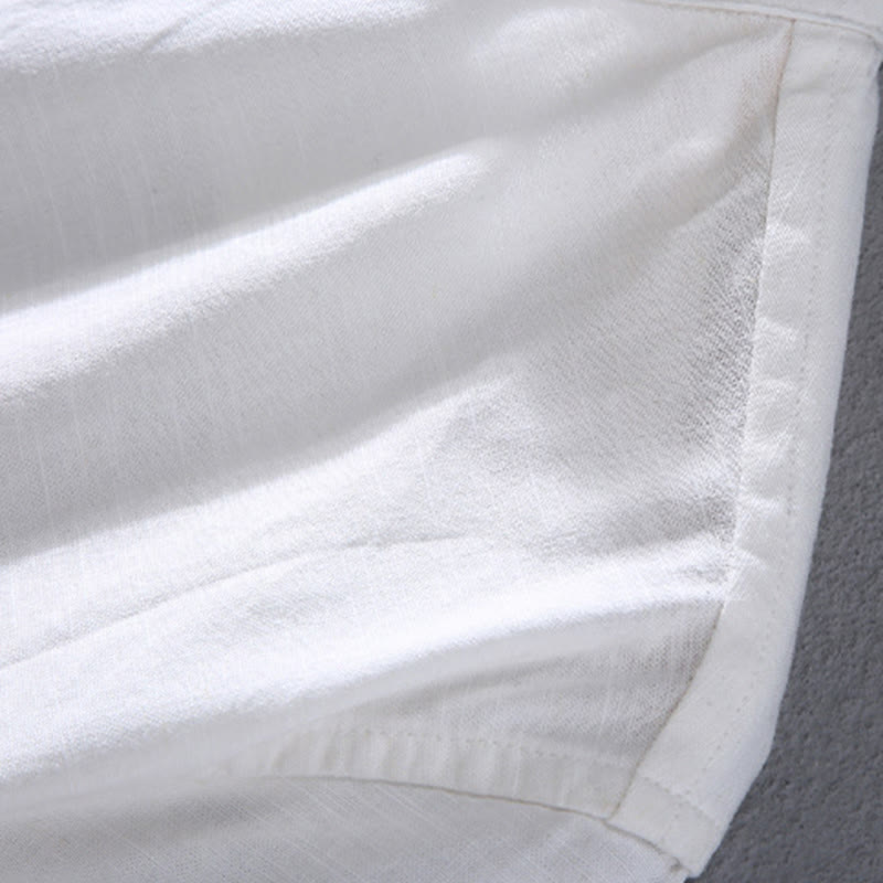 Buddha Stones春の純色ハーフボタンデザインスタンドカラーメンズ半袖リネンシャツポケット付き - image 10