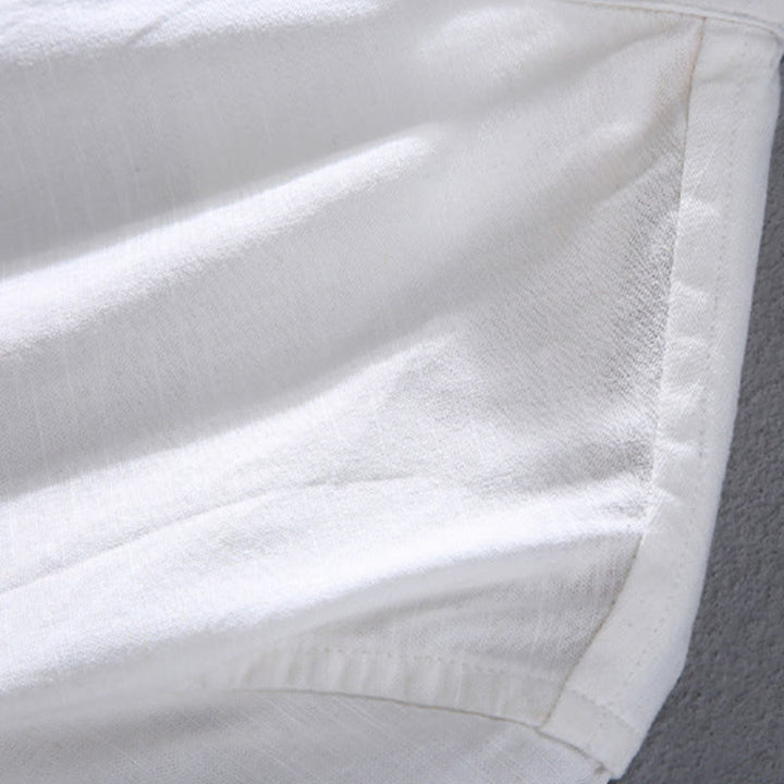 Buddha Stones春の純色ハーフボタンデザインスタンドカラーメンズ半袖リネンシャツポケット付き - image 10