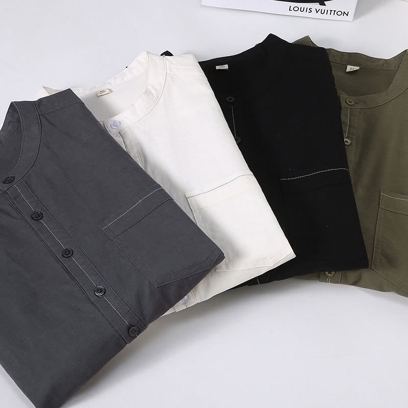 Buddha Stones春の純色ハーフボタンデザインスタンドカラーメンズ半袖リネンシャツポケット付き - image 14