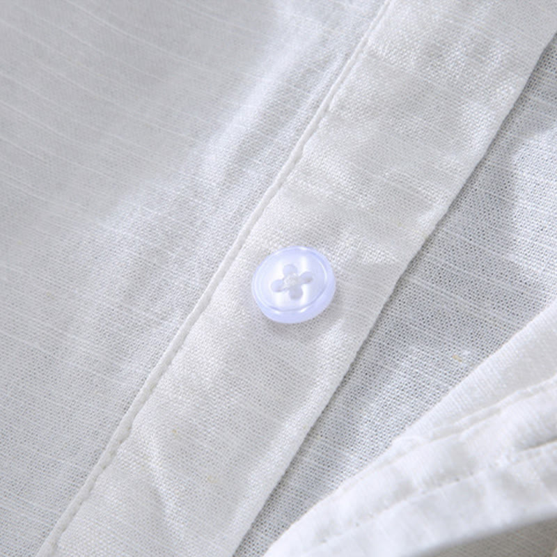 Buddha Stones春の純色ハーフボタンデザインスタンドカラーメンズ半袖リネンシャツポケット付き - image 7