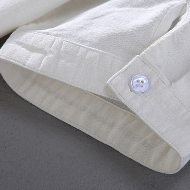 Buddha Stones春の純色ハーフボタンデザインスタンドカラーメンズ半袖リネンシャツポケット付き - image 9