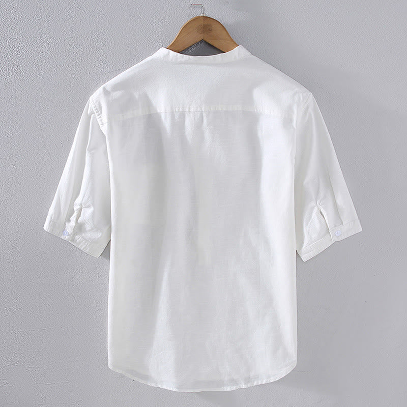 Buddha Stones春の純色ハーフボタンデザインスタンドカラーメンズ半袖リネンシャツポケット付き - image 4