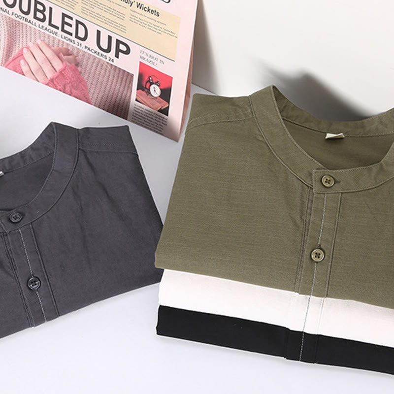 Buddha Stones春の純色ハーフボタンデザインスタンドカラーメンズ半袖リネンシャツポケット付き - image 15