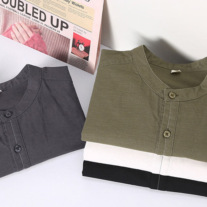 Buddha Stones春の純色ハーフボタンデザインスタンドカラーメンズ半袖リネンシャツポケット付き - image 15