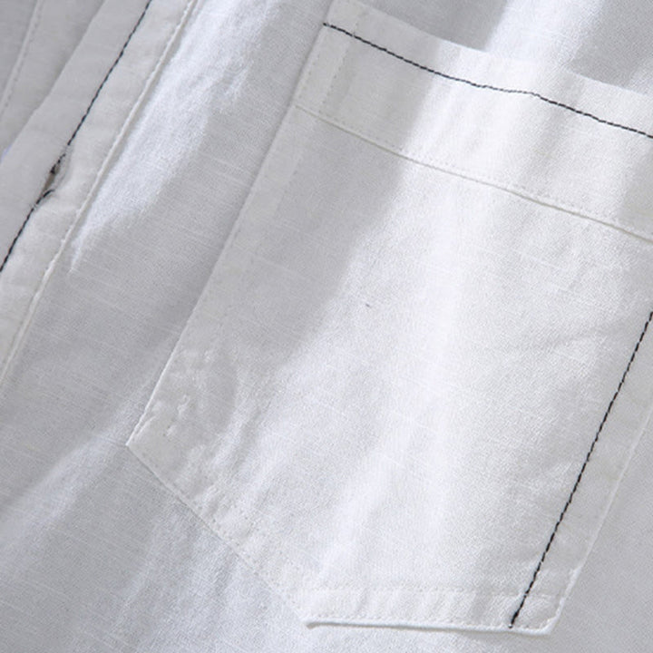 Buddha Stones春の純色ハーフボタンデザインスタンドカラーメンズ半袖リネンシャツポケット付き - image 8