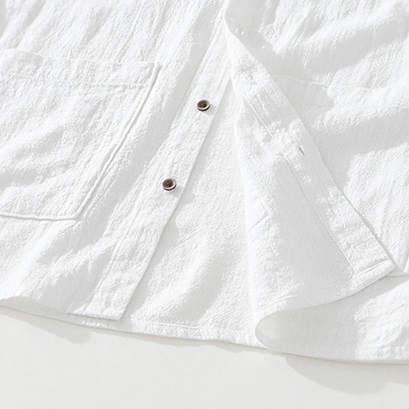 Buddha Stonesカジュアルボタンデザイン スタンドカラー メンズ 半袖 コットンリネン シャツ ポケット付き - image 10