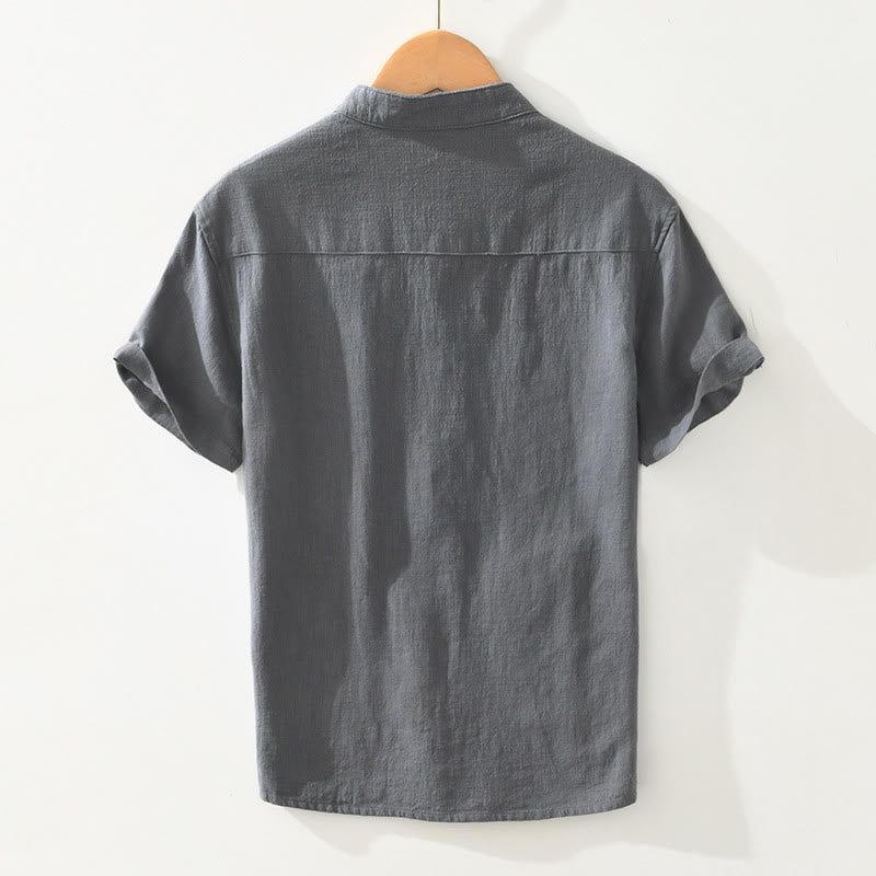 Buddha Stonesカジュアルボタンデザイン スタンドカラー メンズ 半袖 コットンリネン シャツ ポケット付き - image 1