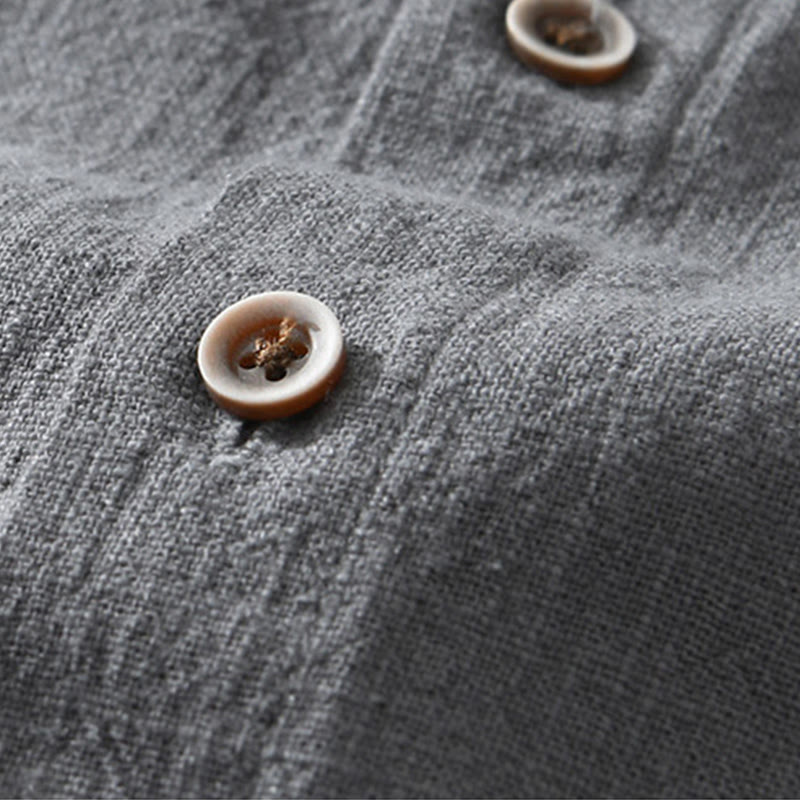 Buddha Stonesカジュアルボタンデザイン スタンドカラー メンズ 半袖 コットンリネン シャツ ポケット付き - image 2