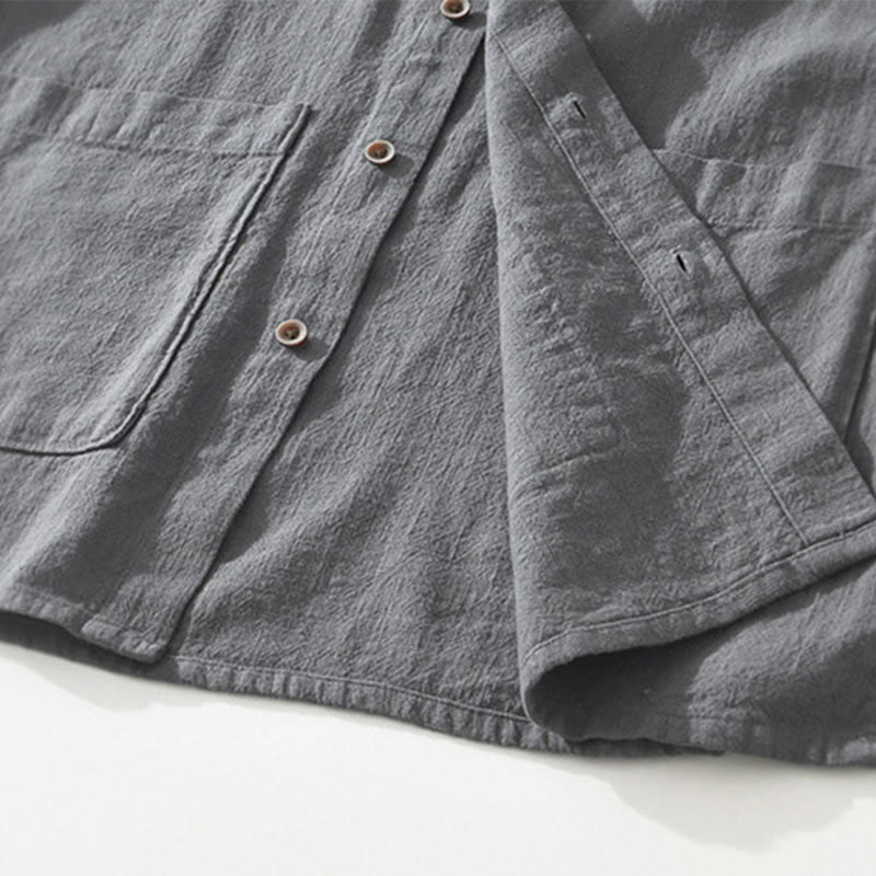 Buddha Stonesカジュアルボタンデザイン スタンドカラー メンズ 半袖 コットンリネン シャツ ポケット付き - image 6