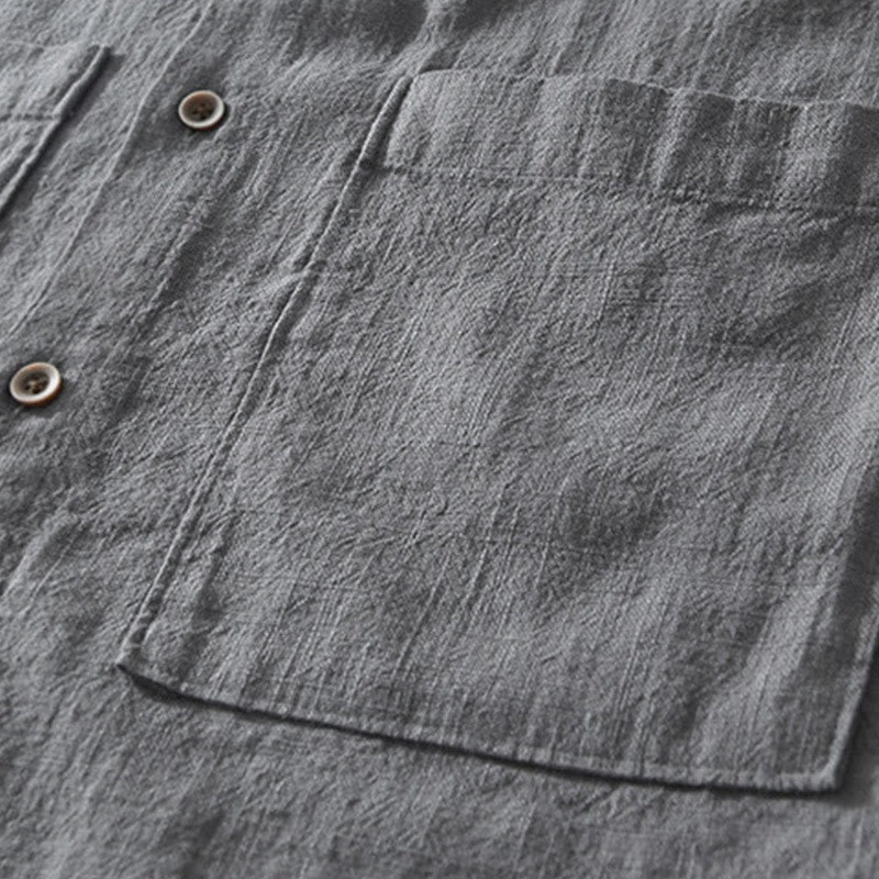 Buddha Stonesカジュアルボタンデザイン スタンドカラー メンズ 半袖 コットンリネン シャツ ポケット付き - image 3