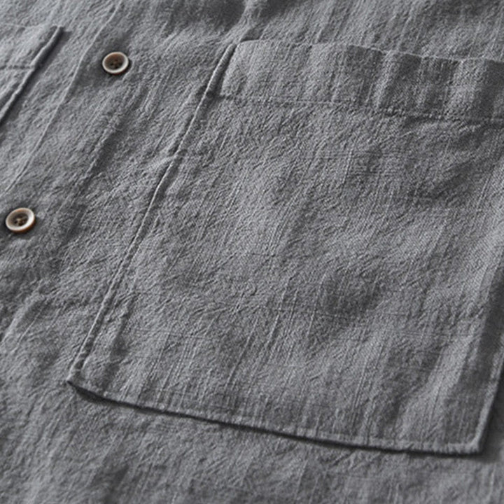 Buddha Stonesカジュアルボタンデザイン スタンドカラー メンズ 半袖 コットンリネン シャツ ポケット付き - image 3