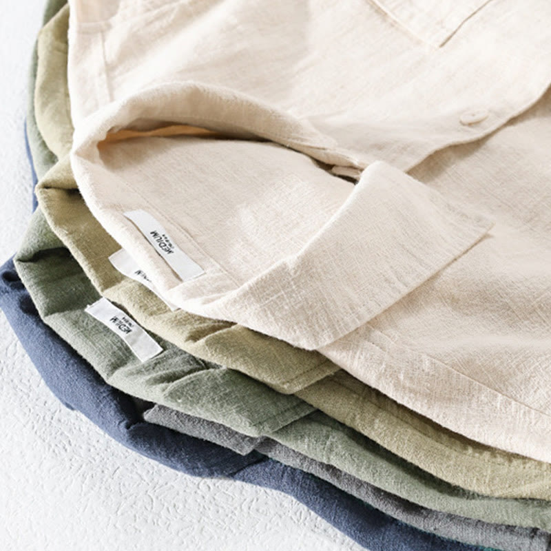 Buddha Stones通勤用 秋冬 無地 ラペル メンズ 長袖 コットンリネン シャツ ポケット付き - image 36
