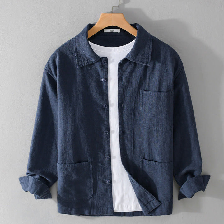 Buddha Stones通勤用 秋冬 無地 ラペル メンズ 長袖 コットンリネン シャツ ポケット付き - ミッドナイトブルー - US/UK/AU42、 EU52 (3XL) - image 14