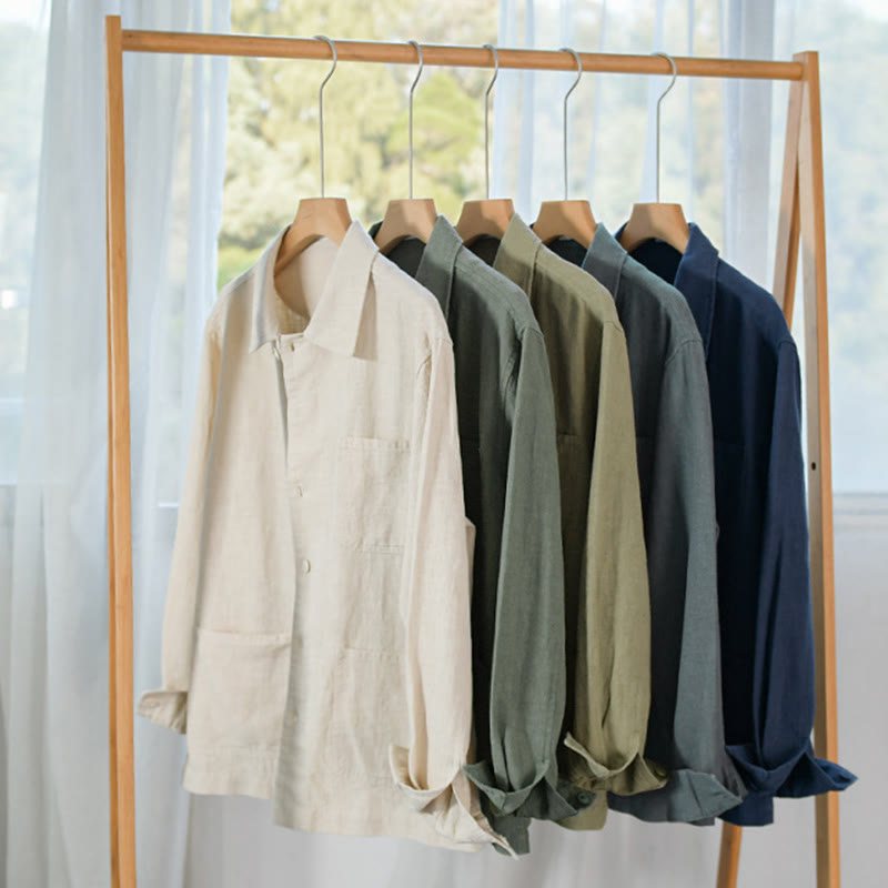 Buddha Stones通勤用 秋冬 無地 ラペル メンズ 長袖 コットンリネン シャツ ポケット付き - image 32
