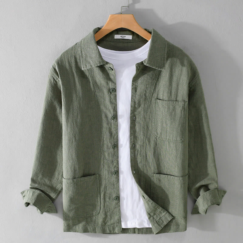 Buddha Stones通勤用 秋冬 無地 ラペル メンズ 長袖 コットンリネン シャツ ポケット付き - ミディアムシーグリーン - US/UK/AU42、 EU52 (3XL) - image 20