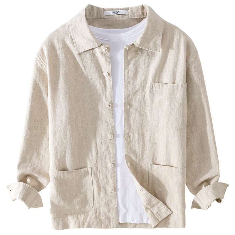 Buddha Stones通勤用 秋冬 無地 ラペル メンズ 長袖 コットンリネン シャツ ポケット付き - image 7