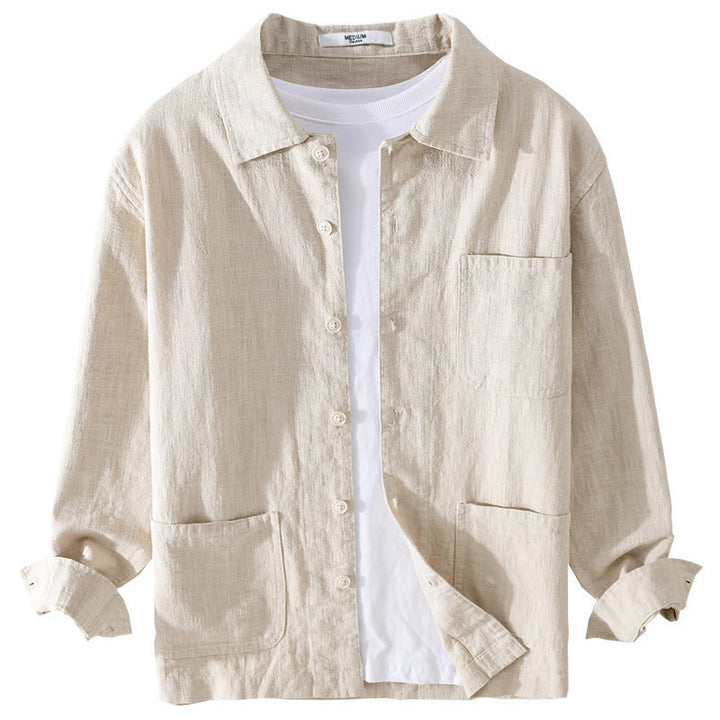 Buddha Stones通勤用 秋冬 無地 ラペル メンズ 長袖 コットンリネン シャツ ポケット付き - image 7